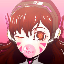 Rule 34 | 1girl, brown hair, blowing bubbles, chewing gum, close-up, d.va (overwatch), facial mark, headphones, long hair, looking at viewer, one eye closed, overwatch, overwatch 1, pink background, pink lips, portrait, sijia wang, simple background, solo, swept bangs, whisker markings