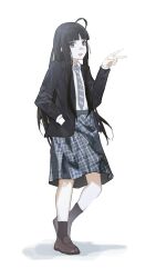 Rule 34 | 1girl, absurdres, ahoge, awa subaru, black hair, black jacket, black socks, blazer, blue eyes, blue necktie, blue skirt, brown footwear, collared shirt, commentary request, diagonal-striped clothes, diagonal-striped necktie, full body, girls band cry, hair ribbon, hand in pocket, highres, jacket, long hair, long sleeves, necktie, open mouth, parted bangs, plaid, plaid skirt, pleated skirt, ribbon, school uniform, shadow, shimaka (shimaka61318201), shirt, shirt tucked in, sidelocks, simple background, skirt, socks, solo, striped clothes, teeth, upper teeth only, v, white background, white ribbon, white shirt