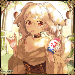 Rule 34 | 1girl, animal ears, ayakashi onmyouroku, blush, border, braid, breasts, choker, cleavage, collarbone, copyright name, cup, dappled sunlight, food, gears, glasses, holding, holding cup, ice cream, ice cream spoon, kiya machi, lantern, large breasts, long hair, long sleeves, lowres, march hare (ayakashi), mouth hold, off shoulder, official art, orange eyes, outdoors, paper lantern, petticoat, rabbit ears, rabbit girl, shaved ice, solo, spoon, sunlight, tears, teeth hold, twin braids, white hair