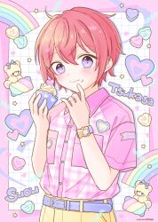 Rule 34 | 1boy, absurdres, belt, character name, crumbs, cupcake, ensemble stars!, food, heart, highres, holding, holding food, long hair, male focus, manamoko (fancy surprise!), multicolored background, pants, pink background, pink shirt, purple belt, purple eyes, rainbow, red hair, shirt, short hair, short sleeves, solo, star (symbol), stuffed animal, stuffed toy, suou tsukasa, teddy bear, white background, yellow pants
