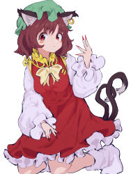 Rule 34 | 1girl, absurdres, animal ear fluff, animal ears, blush stickers, bow, bowtie, breasts, brown hair, cat ears, cat girl, cat tail, chen, closed mouth, dress, earrings, fang, fingernails, frills, green hat, hair between eyes, hand up, hat, highres, jewelry, long fingernails, long sleeves, looking away, mandarin collar, medium breasts, mob cap, mugi (mugimugi 9kv), multiple tails, nail polish, no shoes, puffy long sleeves, puffy sleeves, red dress, red eyes, red nails, seiza, shirt, short hair, simple background, single earring, sitting, socks, solo, tail, touhou, two tails, white background, white shirt, white socks, yellow bow, yellow bowtie