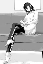 Rule 34 | 1girl, absurdres, barefoot, closed mouth, commentary request, couch, full body, greyscale, half-closed eyes, highres, indoors, ito shiori, long hair, looking at viewer, monochrome, on couch, original, pants, shirt, shisa co, short sleeves, sitting, solo, track pants