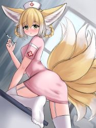 Rule 34 | 1girl, :o, absurdres, animal ears, arknights, ass, blonde hair, blush, braid, braided hair rings, breasts, commentary, curtains, day, dress, english commentary, fox ears, fox girl, fox tail, garter straps, green eyes, hair between eyes, hair rings, hat, highres, holding, holding syringe, indoors, kitsune, kyuubi, looking at viewer, looking to the side, multicolored hair, multiple tails, no shoes, nurse, nurse cap, panties, parted lips, pink dress, rylaera, short sleeves, small breasts, soles, solo, suzuran (arknights), syringe, tail, thighhighs, twin braids, two-tone hair, underwear, white hair, white hat, white panties, white thighhighs, window