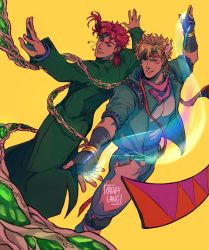 Rule 34 | 2boys, bara, blonde hair, bubble, caesar anthonio zeppeli, catneylang, dynamic pose, earrings, fabulous, facial mark, feather hair ornament, feathers, fighting stance, fingerless gloves, gakuran, gloves, gradient hair, green eyes, green jacket, hair ornament, headband, hierophant green, highres, hydrokinesis, jacket, jewelry, jojo no kimyou na bouken, jojo pose, kakyoin noriaki, looking at viewer, male focus, multicolored hair, multiple boys, open hands, pectorals, red hair, scarf, school uniform, simple background, smile, stand (jojo), tentacles, upper body, water, yellow background