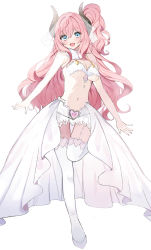 Rule 34 | 1girl, :d, absurdres, bare arms, bare shoulders, blue eyes, blush, breasts, cleavage, commentary request, curled horns, full body, fur collar, garter straps, hair between eyes, hair ribbon, heart, highres, horns, long hair, medium breasts, navel, one side up, open mouth, pink hair, princess connect!, ribbon, see-through, shoes, simple background, smile, solo, standing, standing on one leg, suzuna (princess connect!), thighhighs, very long hair, white background, white footwear, white thighhighs, yupi (yuyupiko01)