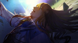 1boy arm_up ascot bleeding blonde_hair blood blood_from_mouth blood_on_clothes blue_ascot blue_brooch blue_eyes blurry cape depth_of_field dutch_angle dying fate/grand_order fate_(series) feathers from_side glint gold_trim hair_between_eyes hair_spread_out highres jacket kirschtaria_wodime long_hair long_sleeves looking_up lying male_focus olympus_(fate/grand_order) on_back on_ground open_mouth outstretched_arm profile side_cape smile solo teeth upper_teeth_only white_cape white_feathers white_jacket yun_tai