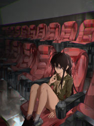 Rule 34 | 1girl, :/, absurdres, ahoge, bare legs, black footwear, black hair, bow, bowtie, brown eyes, buttons, closed mouth, commentary, double-breasted, green shirt, grey socks, hair between eyes, hand up, highres, long hair, looking afar, movie theater, on chair, shakugan no shana, shana, shirt, shoes, sidelocks, sitting, socks, solo, very long hair, yellow bow, yellow bowtie, zadun