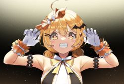 Rule 34 | 1girl, armpits, arms up, bare shoulders, blonde hair, blush stickers, bow, breasts, fang, gloves, grin, hair bow, heart, heart-shaped pupils, highres, hololive, hololive idol uniform, idol clothes, looking at viewer, medium breasts, short twintails, smile, solo, symbol-shaped pupils, teeth, twin (tt lsh), twintails, virtual youtuber, white gloves, yellow eyes, yozora mel