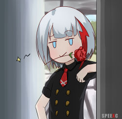 Rule 34 | 1girl, absurdres, admiral graf spee (azur lane), admiral graf spee (girl&#039;s sunday) (azur lane), azur lane, black dress, blue eyes, buttons, double-breasted, dress, flower, flower in mouth, grey hair, highres, looking at viewer, multicolored hair, necktie, official alternate costume, red flower, red hair, red necktie, red rose, rose, short hair, short sleeves, smile, smug, solo, sparkle, speexc, yuru yuri