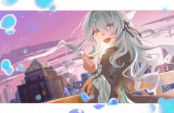Rule 34 | 1girl, :d, black cape, black hairband, black jacket, black ribbon, blue eyes, blue pupils, bow, bridal gauntlets, building, cape, city, cloud, cropped jacket, crying, crying with eyes open, evening, firefly (honkai: star rail), floating hair, from side, gradient eyes, grey hair, hair between eyes, hair bow, hair intakes, hair ribbon, hair spread out, hairband, highres, honkai: star rail, honkai (series), jacket, letterboxed, long sleeves, looking at viewer, multicolored eyes, neckerchief, open mouth, orange eyes, orange neckerchief, outdoors, railing, ribbon, shirt, sidelocks, smile, solo, tears, tsuru doguu, upper body, white bow, white shirt