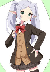 Rule 34 | 1girl, absurdres, aikawa ryou, alternate costume, black jacket, blazer, blush, bow, cardigan vest, closed mouth, collared shirt, commentary request, dress shirt, earrings, elf, forehead, frieren, green background, green eyes, grey hair, grey skirt, hand on own hip, hand up, highres, jacket, jewelry, long hair, looking at viewer, open clothes, open jacket, parted bangs, plaid, plaid skirt, pleated skirt, pointy ears, red bow, school uniform, shirt, sidelocks, skirt, solo, sousou no frieren, thick eyebrows, twintails, two-tone background, very long hair, white background, white shirt