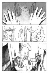 Rule 34 | 1girl, bathroom, comic, commentary request, cup, greyscale, hair behind ear, halter shirt, halterneck, hand in own hair, hand on mirror, hands up, highres, indoors, long hair, looking at mirror, mirror, monochrome, original, shokugyo, sink, spaghetti strap, standing, tile wall, tiles, toothbrush