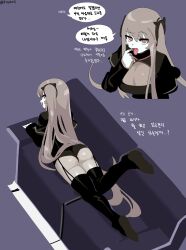 Rule 34 | 1girl, artist name, ass, beak (girls&#039; frontline), black footwear, black shorts, black shrug, black thighhighs, boots, breasts, cleavage, cleavage cutout, clothing cutout, commentary, couch, finger in own mouth, firstw1, foot up, full body, girls&#039; frontline, grey hair, hair between eyes, highres, korean text, large breasts, long hair, long sleeves, looking at viewer, looking back, lying, on couch, on stomach, open mouth, pale skin, pink eyes, purple background, raised eyebrow, sangvis ferri, shorts, slit pupils, smile, thighhighs, tongue, tongue out, translation request, twitter username