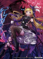 Rule 34 | 1girl, blonde hair, blue eyes, boots, bow, building, cat, clock, copyright name, electricity, feathers, force of will, gloves, high heel boots, high heels, jewelry, long hair, matsurika youko, necklace, official art, piercing, purple eyes, scythe, solo, teeth, thighhighs, tree, veil