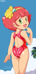 Rule 34 | 1980s (style), ass, competition swimsuit, highres, magical girl, mahou no princess minky momo, minky momo, retro artstyle, one-piece swimsuit, pepipopo, pink hair, red one-piece swimsuit, retro artstyle, swimsuit, wet