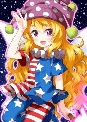 Rule 34 | 1girl, :d, american flag dress, blonde hair, blush, clownpiece, commentary request, fairy wings, flat chest, foot out of frame, hair between eyes, hand up, hat, highres, holding, holding torch, jester cap, long hair, looking at viewer, neck ruff, one-hour drawing challenge, open mouth, pantyhose, pink hat, polka dot, purple eyes, purple outline, ruu (tksymkw), short sleeves, smile, solo, space, star (sky), star (symbol), star print, torch, touhou, very long hair, wavy hair, wings