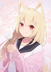 Rule 34 | 1girl, absurdres, animal ear fluff, animal ears, black sailor collar, blonde hair, blurry, blurry background, blush, bow, breasts, cardigan, closed mouth, commentary request, depth of field, fox ears, fox girl, fox tail, hair between eyes, hair ornament, hairclip, highres, hinata (user rjkt4745), holding, long hair, long sleeves, looking at viewer, off shoulder, open cardigan, open clothes, original, pink bow, pink cardigan, puffy long sleeves, puffy sleeves, red eyes, sailor collar, school uniform, serafuku, shirt, sleeves past wrists, small breasts, smile, solo, tail, upper body, very long hair, white shirt