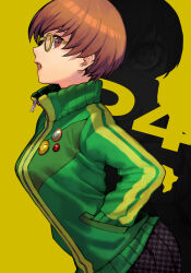 Rule 34 | 1girl, absurdres, atlus, brown eyes, brown hair, buttons, glasses, green jacket, hands in pockets, highres, hungry clicker, jacket, looking at viewer, open mouth, persona, persona 4, satonaka chie, sega, short hair, skirt, solo, track jacket, yellow background, zipper