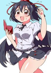 Rule 34 | 1girl, :d, bird wings, black hair, black ribbon, black skirt, black wings, blush, book, bouncing breasts, breasts, buttons, bwell, collared shirt, commentary request, feet out of frame, flying sweatdrops, frilled skirt, frills, hair between eyes, hat, highres, holding, holding book, holding pen, looking at viewer, medium breasts, miniskirt, neck ribbon, nib pen (object), notebook, open mouth, pen, red eyes, red hat, ribbon, shameimaru aya, shirt, short hair, skirt, smile, solo, tokin hat, touhou, v-shaped eyebrows, white shirt, wings