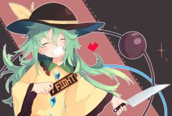 Rule 34 | 1girl, akimaki yuu, black hat, blouse, bow, closed eyes, collar, english text, eyeball, frilled shirt collar, frilled sleeves, frills, gameplay mechanics, green hair, grin, hat, hat bow, hat ribbon, heart, holding, holding knife, knife, komeiji koishi, long hair, long sleeves, musical note, quaver, ribbon, shirt, smile, solo, sparkle, stitched, stitches, third-party edit, third eye, touhou, undertale, upper body, wide sleeves, yellow ribbon, yellow shirt