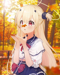 Rule 34 | 1girl, absurdres, autumn leaves, bag, bench, blonde hair, blue sailor collar, blue skirt, blurry, blurry foreground, blush, bow, chucolala, collared shirt, commentary request, commission, day, depth of field, hair between eyes, halo, hands up, highres, kutar22, leaf, long hair, maple leaf, one side up, outdoors, parted lips, pixiv commission, puffy short sleeves, puffy sleeves, purple bow, red eyes, sailor collar, shirt, short sleeves, shoulder bag, skirt, solo, suzumiya rin, tree, upper body, very long hair, virtual youtuber, white shirt