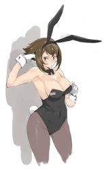 Rule 34 | 10s, 1girl, animal ears, arai kei, areola slip, bare shoulders, breasts, brown hair, cleavage, covered navel, detached sleeves, fake animal ears, gloves, green eyes, kantai collection, large breasts, leotard, mutsu (kancolle), navel, pantyhose, playboy bunny, rabbit ears, solo, wrist cuffs