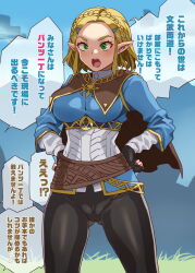 Rule 34 | 1girl, belt, blonde hair, blush, braid, breasts, cameltoe, cleft of venus, gluteal fold, grass, green eyes, hair ornament, hairclip, hands on own hips, large breasts, medium breasts, mizuryu kei, nintendo, outdoors, pointy ears, princess zelda, short hair, solo, teeth, the legend of zelda, the legend of zelda: tears of the kingdom, translation request, variant set