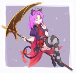 Rule 34 | 1girl, animal ears, bow, cat ears, cat tail, curtained hair, eiyuu densetsu, fake animal ears, fake tail, full body, highres, holding, holding scythe, holding weapon, huge weapon, long hair, looking at viewer, necktie, one eye closed, purple hair, rai 5555 ruuri, renne (eiyuu densetsu), scythe, simple background, skirt, smile, sora no kiseki, tail, tail bow, tail ornament, thighhighs, tongue, tongue out, weapon, yellow eyes