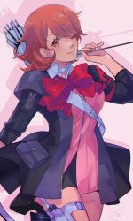 Rule 34 | 1girl, arrow (projectile), black jacket, black skirt, bow, bowtie, breasts, brown eyes, brown hair, cardigan, choker, closed mouth, commentary, cowboy shot, earrings, english commentary, evoker, hand up, highres, holding, holding arrow, jacket, jewelry, kokomi (aniesuakkaman), light blush, looking at viewer, medium breasts, medium hair, miniskirt, official alternate costume, one eye closed, open clothes, open jacket, persona, persona 3, persona 3 reload, pink cardigan, red bow, red bowtie, s.e.e.s, skirt, solo, stud earrings, swept bangs, takeba yukari, thigh strap, tongue, tongue out, white choker