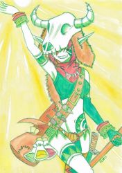 Rule 34 | 1girl, arm up, armband, bag, bracelet, breasts, brown headwear, collar, cow skull, dragonemperror2810, dungeons &amp; dragons, elf, facial mark, fangs, flask, fur hat, gloves, green gloves, green shirt, green thighhighs, grin, halterneck, hat, holding, jewelry, loincloth, medium breasts, midriff, navel, necklace, object on head, pointy ears, red hair, scroll, shirt, short hair, single glove, single thighhigh, skull, skull-shaped hat, skull hat, smile, staff, standing, stomach tattoo, sun, sword, tattoo, teeth, thigh strap, thighhighs, tooth necklace, tribal, weapon, yellow background, yellow thighhighs