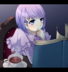 Rule 34 | 1girl, alternate hair length, alternate hairstyle, blush, book, capelet, chair, crescent, crescent hair ornament, cup, female focus, hair ornament, hairpin, letterboxed, long sleeves, patchouli knowledge, plate, purple eyes, purple hair, sawara (starligtvision), short hair, shy, solo, table, tea, teacup, touhou