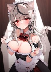 Rule 34 | 1girl, 3:, alternate costume, alternate hair length, alternate hairstyle, animal ear fluff, animal ears, apron, arm garter, bad id, bad twitter id, bare shoulders, belt, black belt, black dress, black hair, blush, bow, bowtie, braid, breasts, cat ears, cat girl, cat tail, cleavage, closed mouth, clothes pull, collar, collarbone, dress, dress pull, ear piercing, enmaided, fang, fingernails, frilled apron, frilled dress, frilled hairband, frills, grey hair, hair ornament, hairband, hairclip, heart, heart hair ornament, highres, hololive, kemonomimi mode, large breasts, long fingernails, long hair, looking at viewer, maid, maid headdress, multicolored hair, nail polish, namagome negi, piercing, plaid, plaid bow, plaid bowtie, raised eyebrows, red bow, red bowtie, red eyes, red nails, sakamata chloe, sleeveless, sleeveless dress, streaked hair, sweat, tail, two-tone hair, upper body, virtual youtuber, white apron, white collar, white hairband, wing collar, x hair ornament