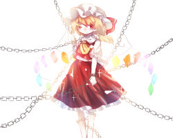 Rule 34 | 1girl, absurdres, ascot, backlighting, chain, chained, chained legs, chained wrists, closed mouth, collared shirt, feet out of frame, flandre scarlet, frilled skirt, frilled sleeves, frills, guozimiao, hat, highres, mob cap, multicolored wings, one eye closed, puffy short sleeves, puffy sleeves, red eyes, red skirt, red vest, shirt, short sleeves, simple background, skirt, skirt set, solo, touhou, vest, white background, white hat, white shirt, wings, yellow ascot