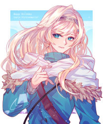 Rule 34 | 1girl, absurdres, beige hairband, blonde hair, blue background, blue eyes, blue jacket, border, cable, character name, commentary, english commentary, floating hair, grey sweater, hair intakes, happy birthday, head tilt, highres, jacket, layla alstroemeria, long hair, looking to the side, nijisanji, nijisanji id, outside border, parted lips, scarf, solo, sweater, virtual youtuber, white border, white scarf, yaku (999ykseo)