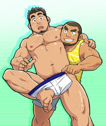 Rule 34 | 2boys, :o, arm hair, bara, beard, belly, blush, buzz cut, chest hair, convenient censoring, couple, facial hair, feet out of frame, forked eyebrows, gluteal fold, goatee, grey shorts, hairy, hand on another&#039;s shoulder, leg hair, male focus, male pubic hair, male underwear, male underwear pull, mature male, multiple boys, muscular, muscular male, navel, nipples, nude, original, pectorals, pubic hair, short hair, shorts, sideburns, sidepec, smirk, stomach, stubble, suv (suv032), tank top, thick eyebrows, thick thighs, thighs, topless male, underwear, undressing another, very short hair, white male underwear, yaoi, yellow tank top