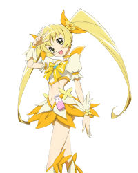 Rule 34 | 10s, 1girl, :d, blonde hair, boots, bow, brooch, cure sunshine, fujimoto satoru, heart, heart brooch, heartcatch precure!, highres, jewelry, knee boots, long hair, looking at viewer, midriff, myoudouin itsuki, navel, open mouth, orange bow, precure, salute, simple background, smile, solo, twintails, two-finger salute, white background, wrist cuffs, yellow bow, yellow eyes