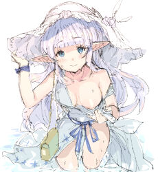 Rule 34 | 1girl, bag, blue eyes, blush, breasts, dress, gorirago, granblue fantasy, hand on headwear, hat, highres, light purple hair, lily (granblue fantasy), long hair, looking at viewer, medium breasts, nipples, one breast out, pointy ears, simple background, smile, solo, very long hair, wading, water, wet, white background, white dress, white hat