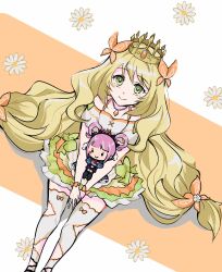 Rule 34 | 1girl, blonde hair, bow, butterfly hair ornament, celine (fire emblem), character doll, crown, doll, dress, dress bow, fire emblem, fire emblem engage, green bow, green eyes, hair ornament, hair rings, highres, holding, holding doll, hortensia (fire emblem), jewelry, long hair, looking at viewer, looking up, necklace, nintendo, oda32t, official alternate costume, orange bow, pink hair, smile, thighhighs, very long hair, white dress, wrist bow