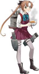Rule 34 | 10s, 1girl, :t, akigumo (kancolle), boots, bowl, brown hair, chopsticks, cross-laced footwear, eating, food, fujikawa, full body, green eyes, hair ornament, hair ribbon, headband, holding, holding bowl, kantai collection, knee boots, lace-up boots, long hair, looking at viewer, machinery, official art, pantyhose, pleated skirt, ponytail, purple pantyhose, ribbon, school uniform, shirt, skirt, sleeves rolled up, solo, standing, steam, torpedo, transparent background, uniform, white shirt