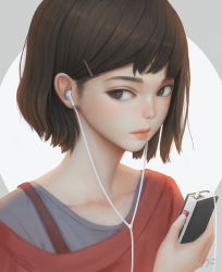 Rule 34 | 1girl, 2016, artist name, black eyes, brown hair, cable, closed mouth, digital media player, earbuds, earphones, expressionless, geo siador, grey background, hair ornament, hairclip, holding, lips, looking to the side, nose, original, shirt, short hair, simple background, solo, two-tone background, upper body, white background