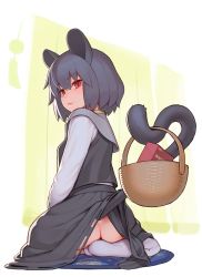 Rule 34 | 1girl, :3, animal ears, ass, basket, capelet, clothes lift, commentary request, condom box, from behind, full body, go robots, grey hair, hair between eyes, highres, lifting own clothes, looking at viewer, looking back, mouse ears, mouse tail, nazrin, no panties, red eyes, short hair, sitting, skirt, skirt lift, skirt set, solo, tail, touhou