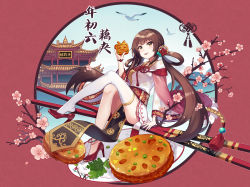 Rule 34 | 1girl, bilibili, bird, blush, breasts, brown eyes, brown hair, character request, cherry blossoms, chopsticks, closed mouth, collarbone, food request, high heels, highres, large breasts, long hair, looking at viewer, pagoda, plate, sharlorc, sitting, smile, solo, thighhighs, tongue, tongue out, twintails, very long hair, white thighhighs