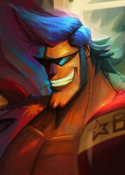 Rule 34 | 1boy, blue hair, clenched teeth, collarbone, commentary, cyborg, english commentary, franky (one piece), highres, long sideburns, male focus, mouth hold, one piece, short hair, sideburns, sixsage, smile, solo, spiked hair, sunglasses, teeth, toothpick