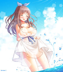 Rule 34 | 1girl, bad id, bad pixiv id, blush, breasts, brown hair, closed eyes, cloud, day, dress, highres, idolmaster, idolmaster shiny colors, large breasts, long hair, melo (meromero), open mouth, outdoors, ponytail, sidelocks, skirt hold, sky, solo, tsukioka kogane, twitter username, wading, water, wet, wet clothes, white dress
