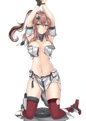 Rule 34 | 1girl, anchor, bad id, bad pixiv id, black gloves, blue eyes, bound, bound wrists, breast pocket, breasts, brown hair, dress, gloves, hair between eyes, hair ornament, high heels, highres, impossible clothes, kantai collection, large breasts, navel, no bra, panties, pocket, ponytail, red thighhighs, restrained, rope, saratoga (kancolle), side ponytail, sidelocks, single glove, smokestack hair ornament, solo, thighhighs, torn clothes, torn dress, underwear, white dress, white panties, yamato (083)