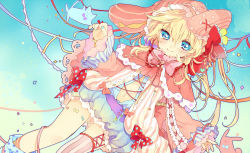 1girl blonde_hair blue_dress blue_eyes blush bow capelet clothing_cutout coat dress female_focus hair_bow hat hat_with_ears leg_ribbon long_hair long_sleeves looking_at_viewer navel navel_cutout open_clothes open_coat original ribbon single_thighhigh smile solo striped_clothes striped_thighhighs thighhighs touyama_soboro wide_sleeves zettai_ryouiki