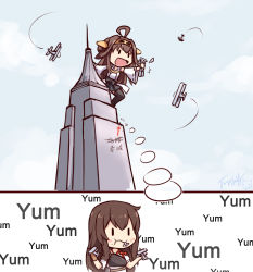 Rule 34 | 2girls, ahoge, aircraft, airplane, akagi (kancolle), arrow (symbol), black legwear, black skirt, blush stickers, brown hair, building, character name, chibi, closed mouth, cloud, cloudy sky, day, double bun, eating, empire state building, giant, giantess, hairband, highres, japanese clothes, kantai collection, king kong (series), kongou (kancolle), langbazi, long hair, miko, multiple girls, muneate, name connection, nontraditional miko, open mouth, parody, pleated skirt, pun, short sleeves, skirt, sky, solid oval eyes, thighhighs, tower