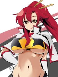 Rule 34 | 1girl, breasts, cleavage, covered erect nipples, hand on own hip, large breasts, lipstick, long hair, looking at viewer, makeup, midriff, navel, ponytail, red hair, smile, solo, tengen toppa gurren lagann, underboob, yellow eyes, yoko littner