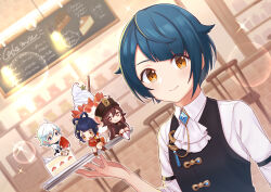 Rule 34 | 2boys, black vest, blue eyes, blue hair, cafe, cake, cherry, chinese clothes, chongyun (genshin impact), closed mouth, food, fruit, fukaya miku, genshin impact, hat, highres, holding, holding plate, hu tao (genshin impact), jewelry, male focus, multiple boys, open mouth, plate, red eyes, shirt, short hair, smile, star-shaped pupils, star (symbol), strawberry, symbol-shaped pupils, tassel, vest, white shirt, xiangling (genshin impact), xingqiu (genshin impact), yellow eyes