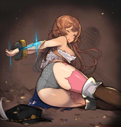 Rule 34 | 10s, 1girl, arms behind back, ass, bad id, bad pixiv id, bare shoulders, bdsm, black panties, blue eyes, bondage, boots, bound, bound wrists, breasts, brown hair, crop top, crotch seam, cuffs, from behind, granblue fantasy, grey panties, hanarito, handcuffs, hat, highres, large breasts, lecia (granblue fantasy), long hair, looking at viewer, lying, midriff, on side, one eye closed, panties, pink thighhighs, polka dot, polka dot panties, restrained, solo, stocks, thigh boots, thighhighs, thighs, torn clothes, torn thighhighs, underwear